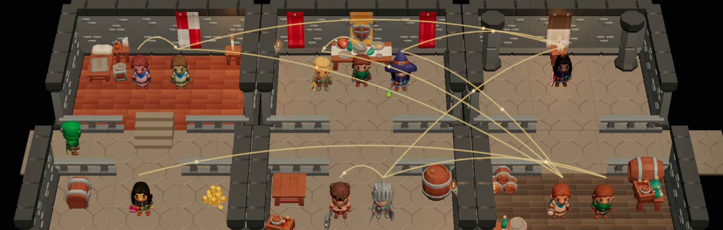The Court: a cut-away house of six rooms, with the court's people in them